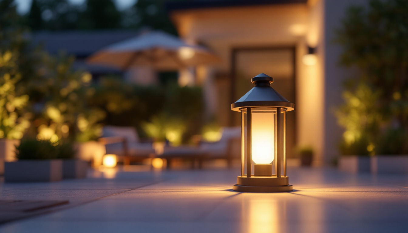 A photograph of a beautifully designed exterior lighting lantern illuminating a stylish outdoor space at dusk