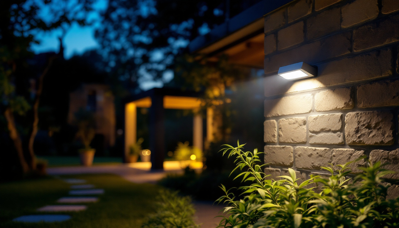 A photograph of a well-lit outdoor setting featuring motion sensor lights in action