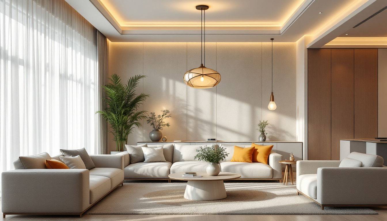 A photograph of a beautifully designed living room showcasing various overhead lighting options