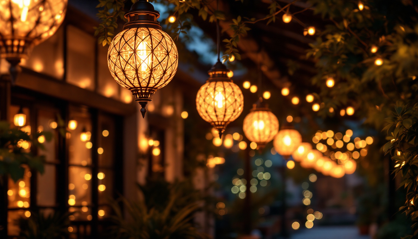 A photograph of a beautifully illuminated outdoor space featuring large exterior hanging lights