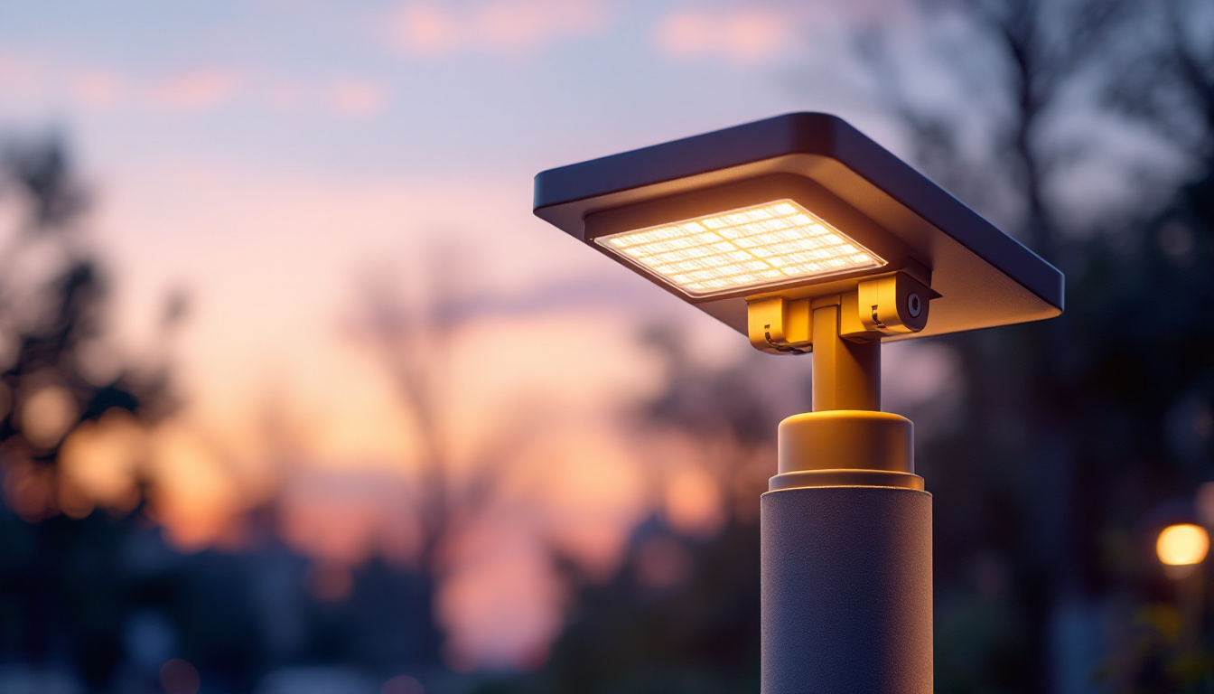 A photograph of a sleek solar light mounted on a post in an outdoor setting during twilight