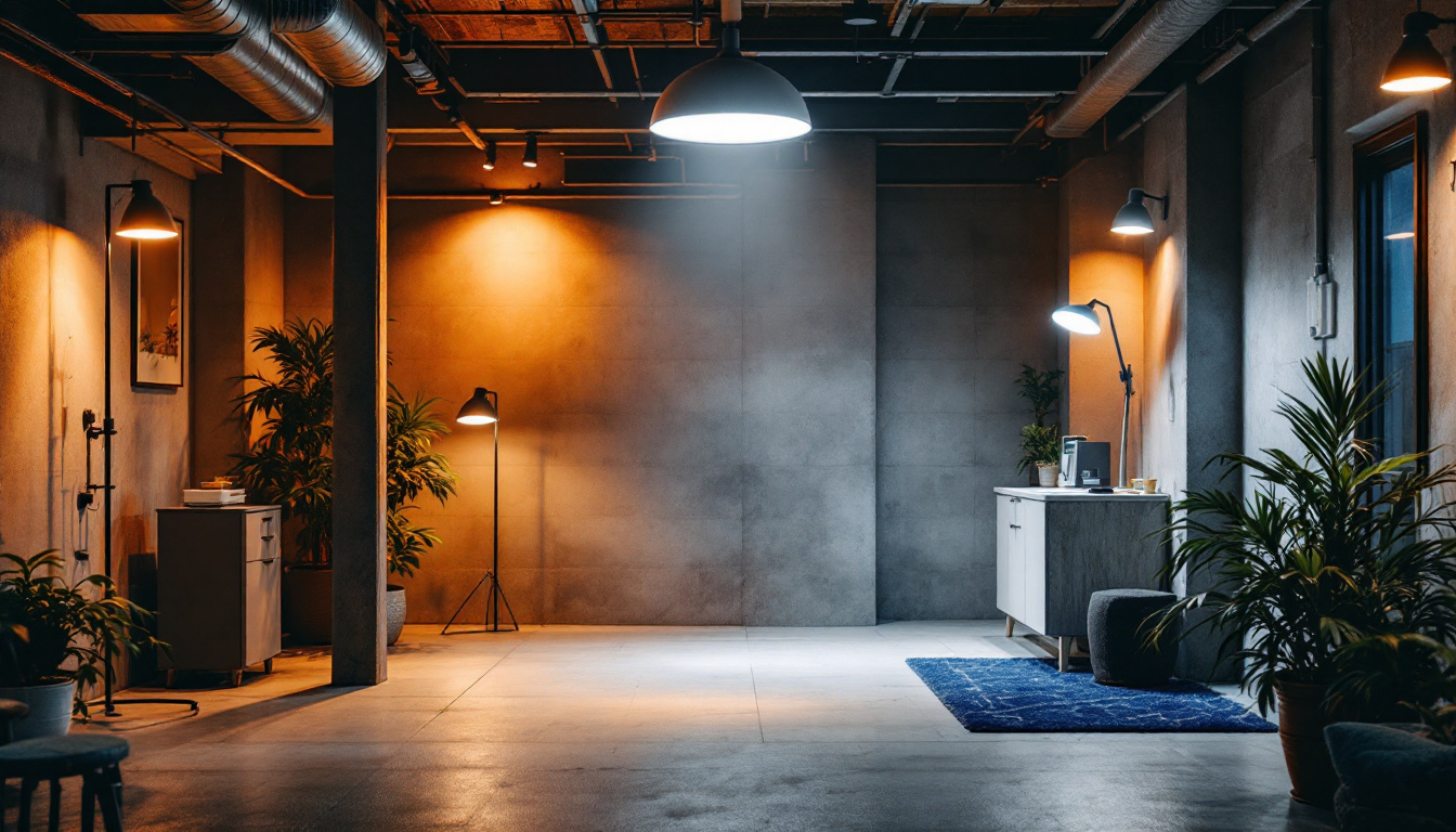 A photograph of a well-lit basement space featuring various led light fixtures in use