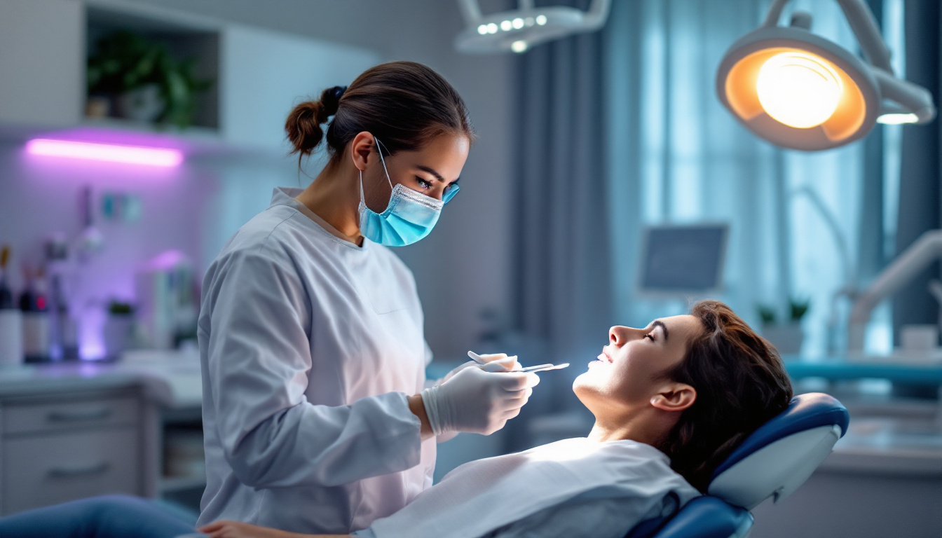 A photograph of a dental professional using a high-tech dentist light in a modern clinic