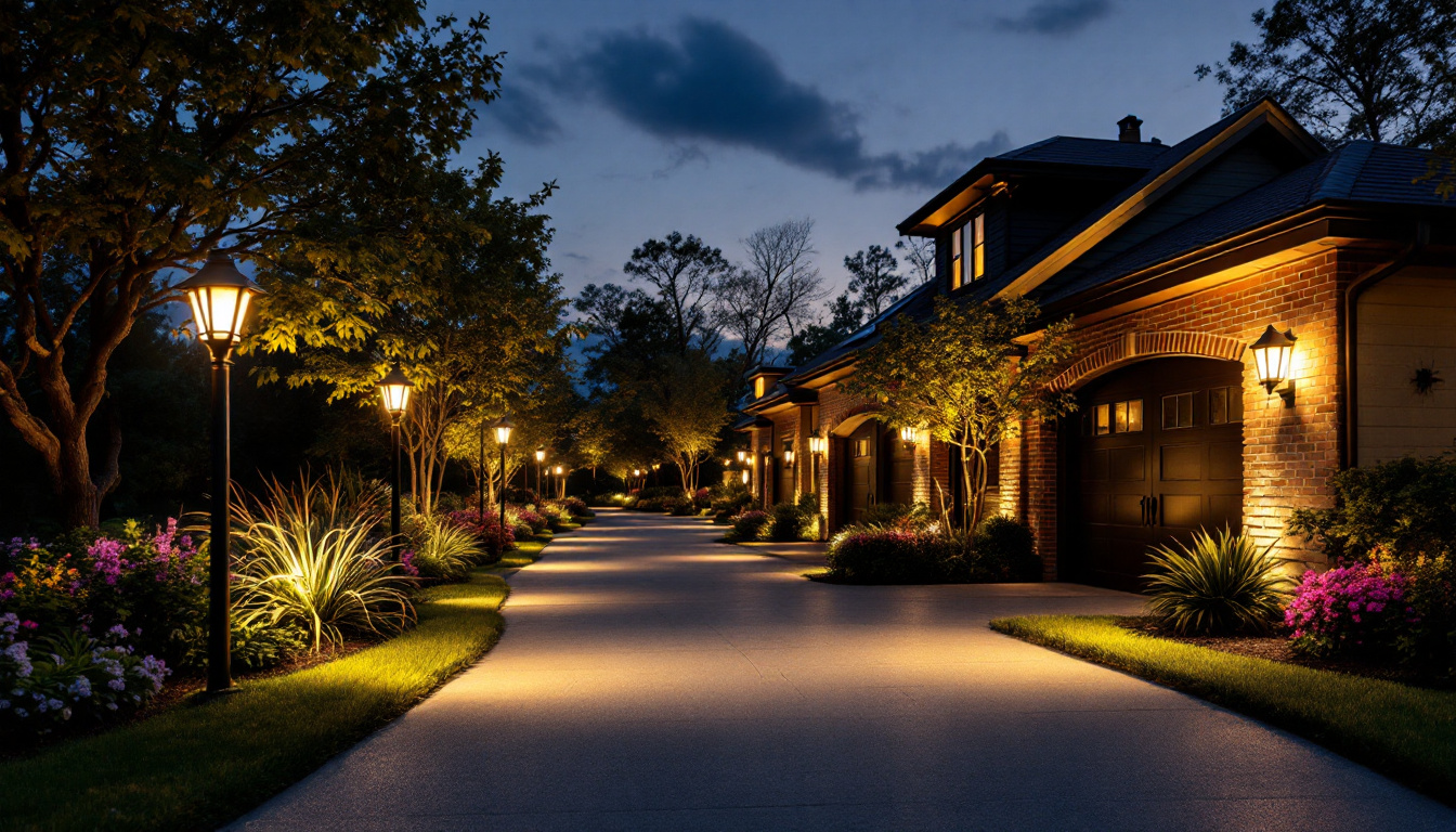 A photograph of a beautifully illuminated driveway at dusk
