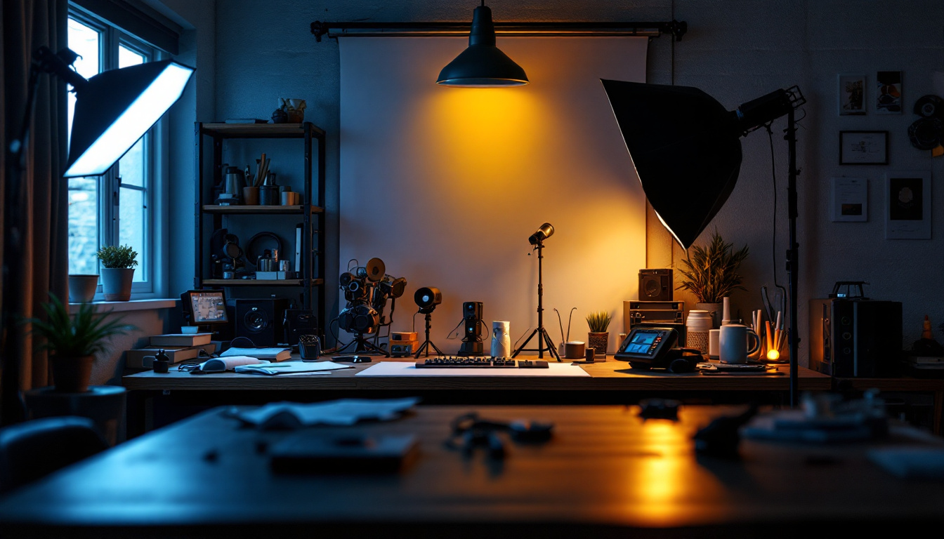 A photograph of a well-lit engineering workspace showcasing various lighting setups and tools