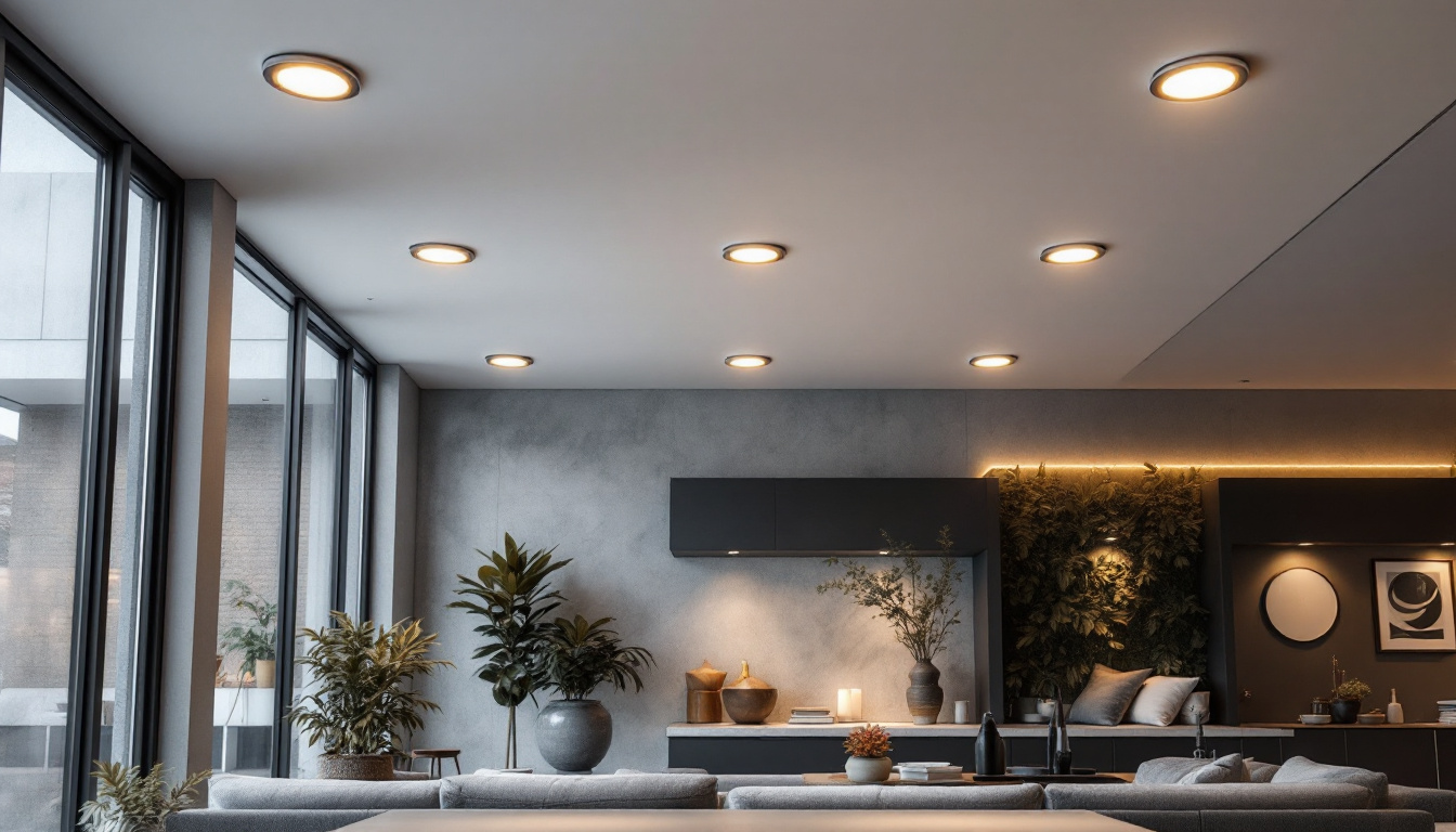 A photograph of a modern interior space featuring shallow can lights installed in the ceiling