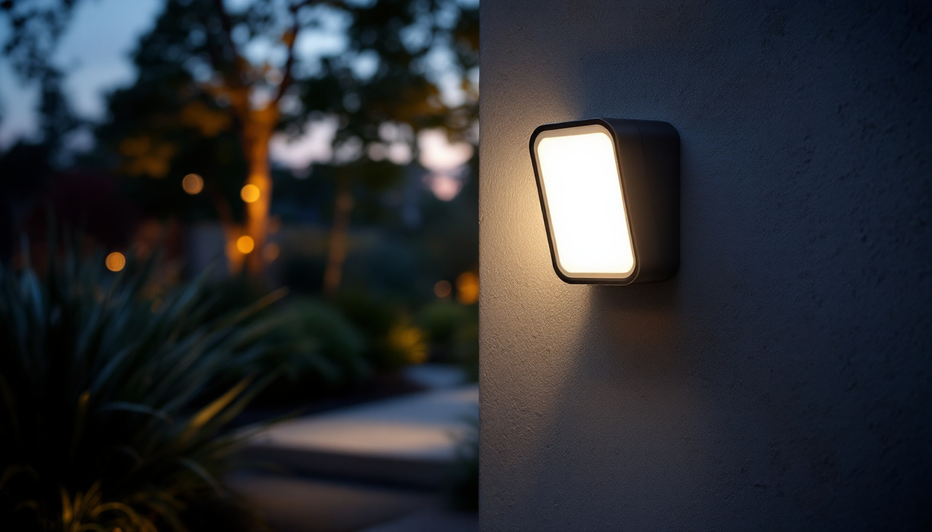 A photograph of a sleek outdoor led motion sensor light installed in a garden or pathway