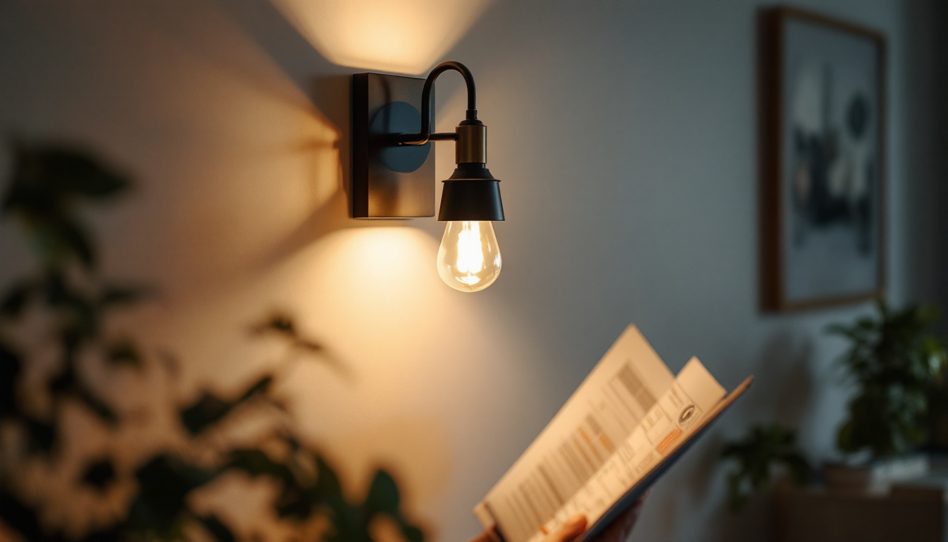 A photograph of a well-lit interior space featuring a stylish wall sconce