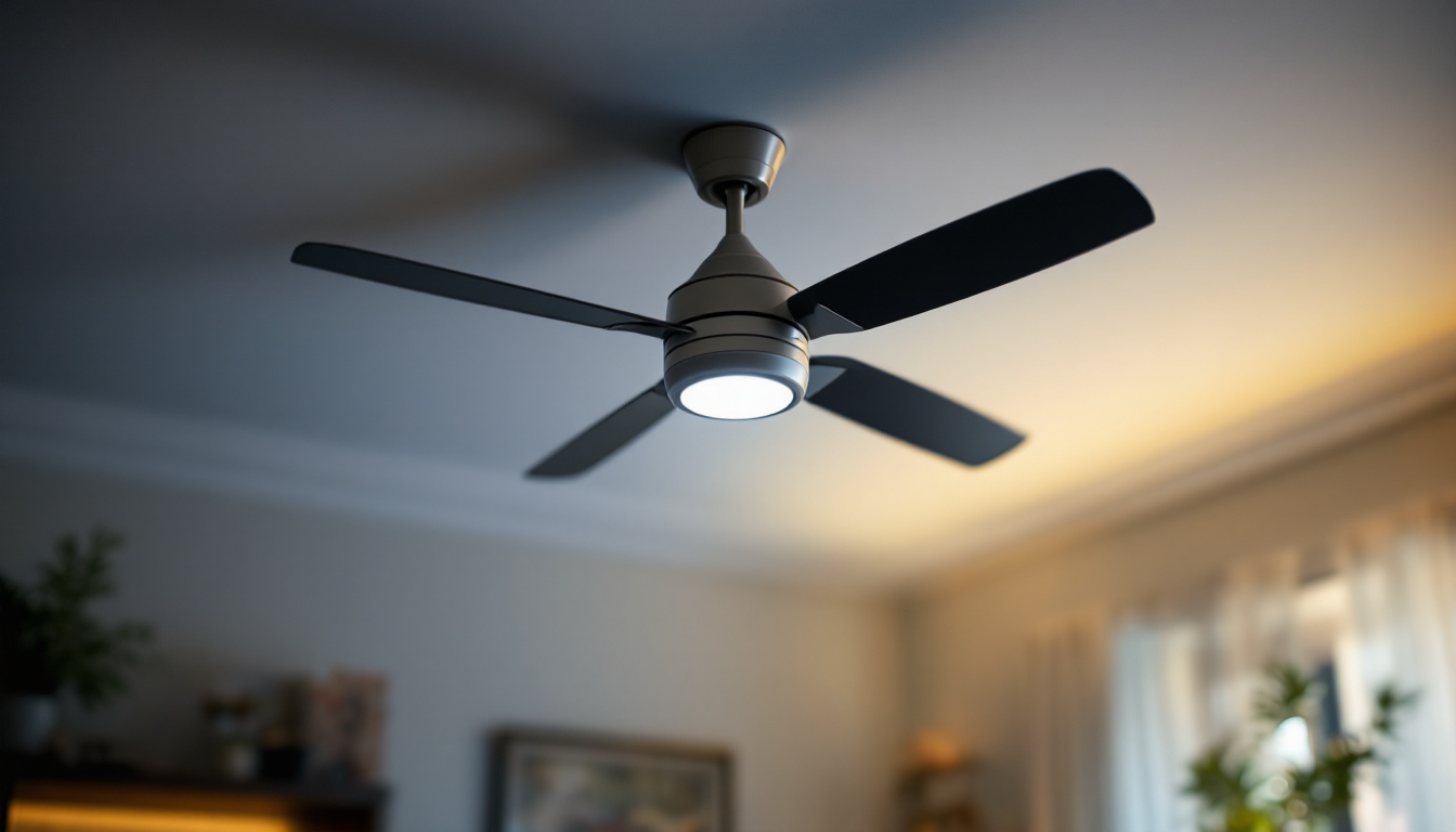 A photograph of a stylish ceiling fan in a well-lit room