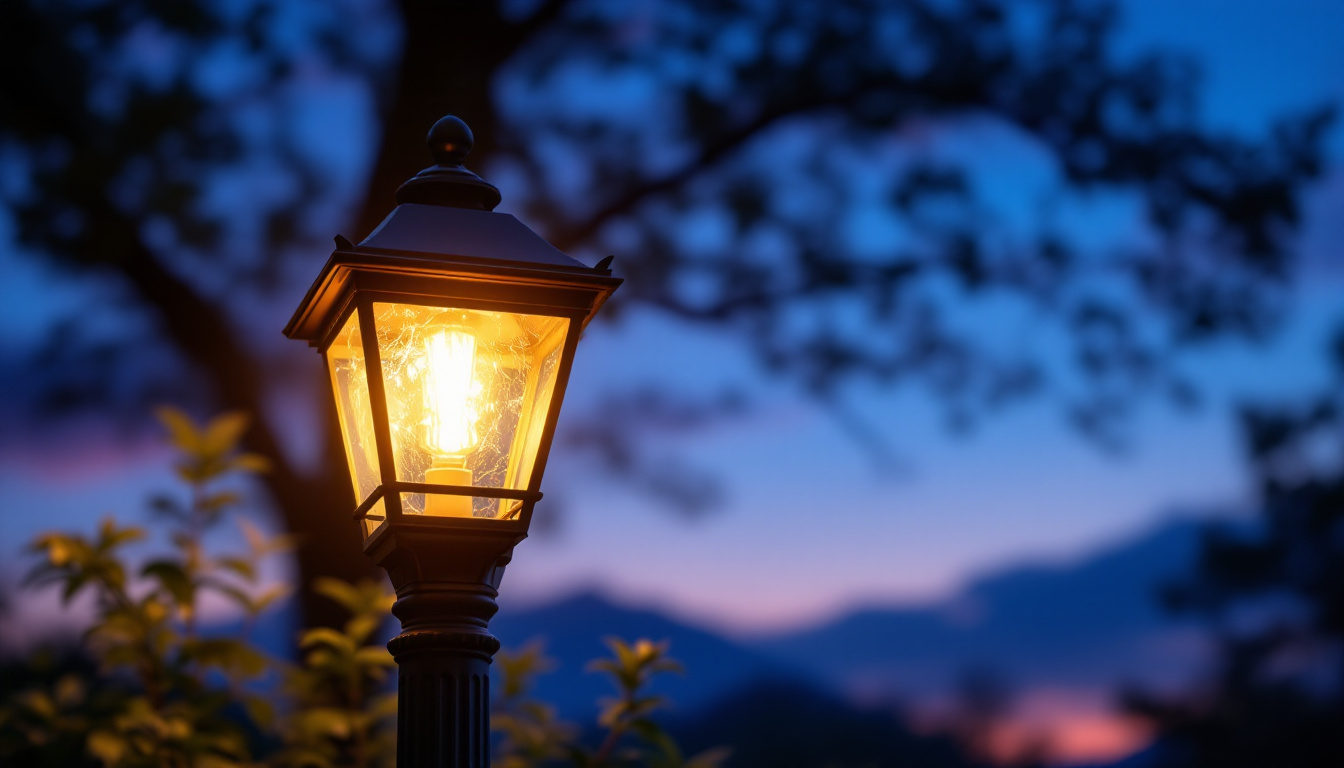 A photograph of a beautifully illuminated outdoor post lamp fixture in a serene garden setting during twilight