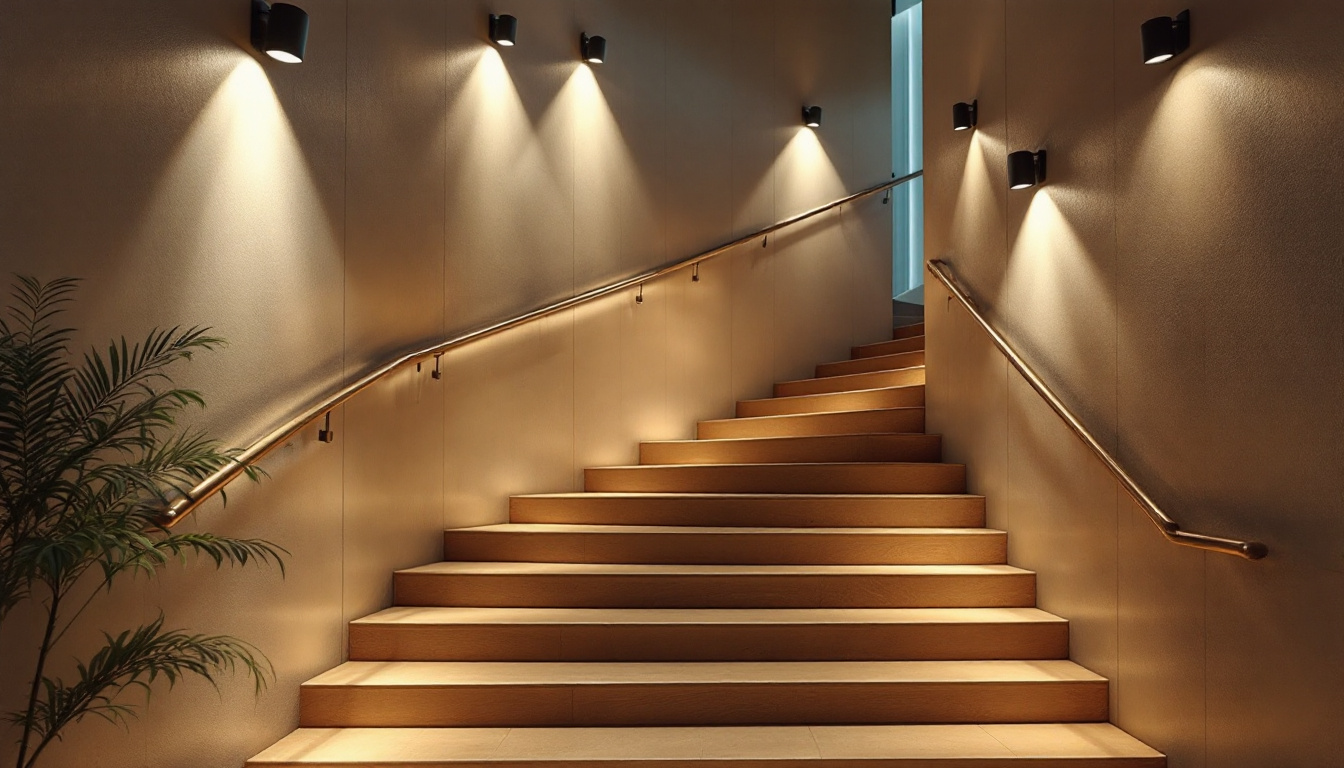 A photograph of a well-lit indoor stairway showcasing various lighting options