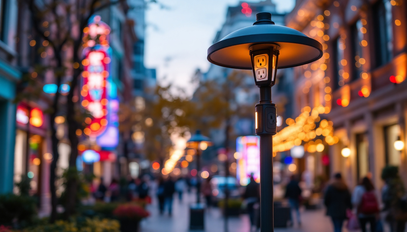 A photograph of a stylish lamp post with an integrated electrical outlet in a vibrant urban setting