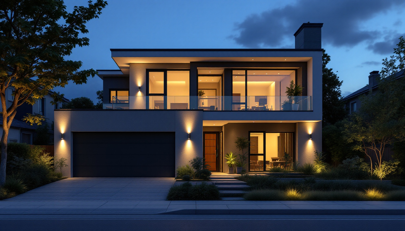 A photograph of a modern residential exterior illuminated by flood lights at dusk