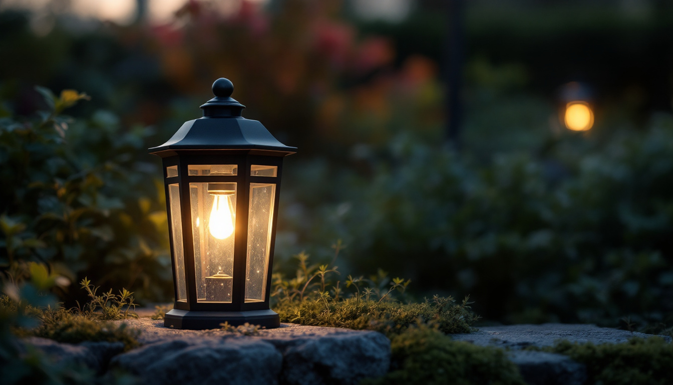 A photograph of a beautifully designed outdoor lighting lantern in a natural setting