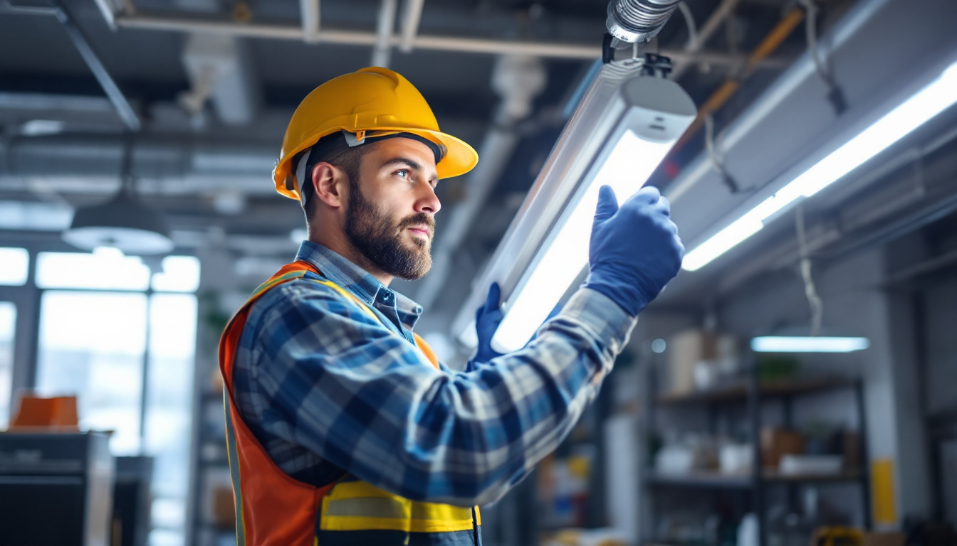 A photograph of a technician skillfully replacing a fluorescent tube in a commercial setting