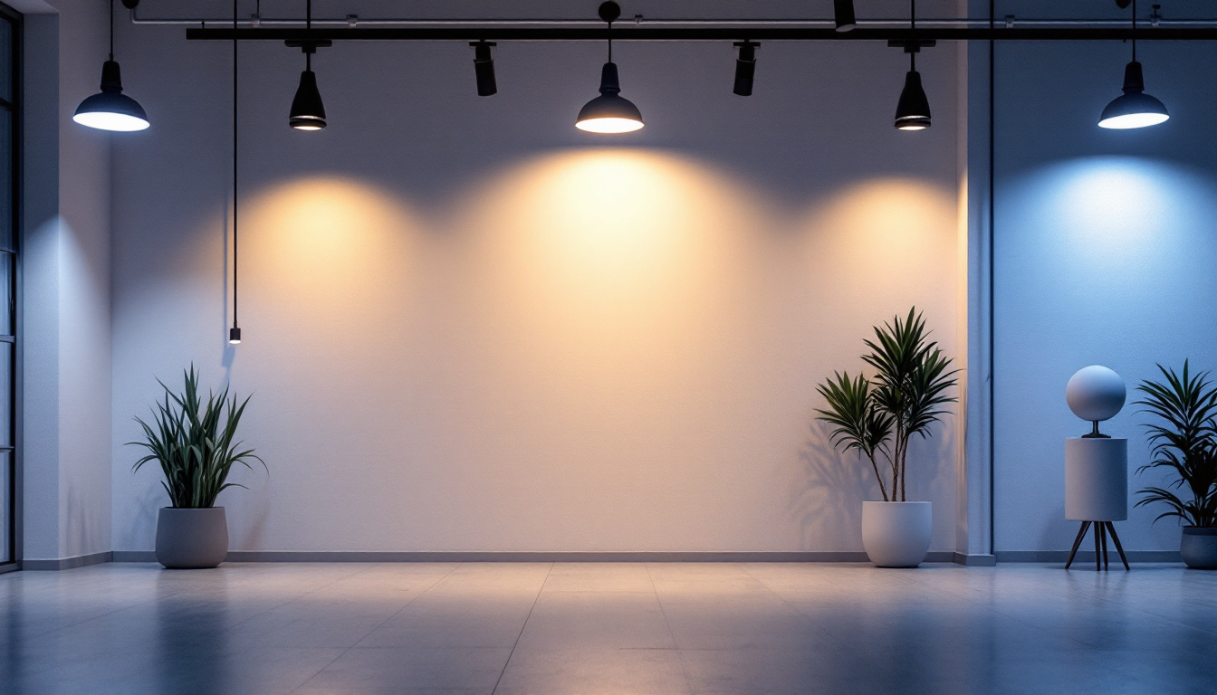 A photograph of a well-lit interior space showcasing various lighting fixtures