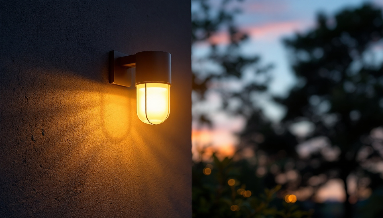 A photograph of a solar-powered light fixture illuminating a garden or outdoor space at dusk