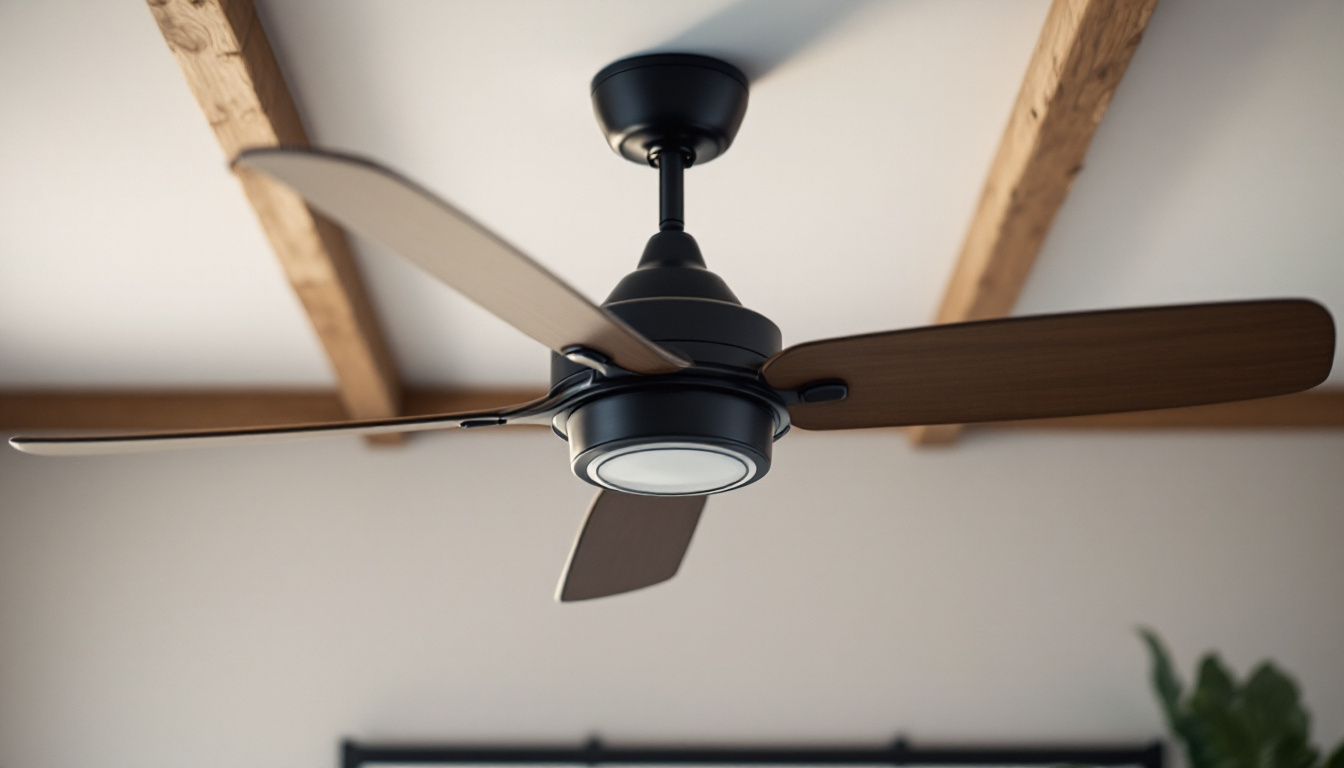 A photograph of a stylish industrial ceiling fan in a well-lit space