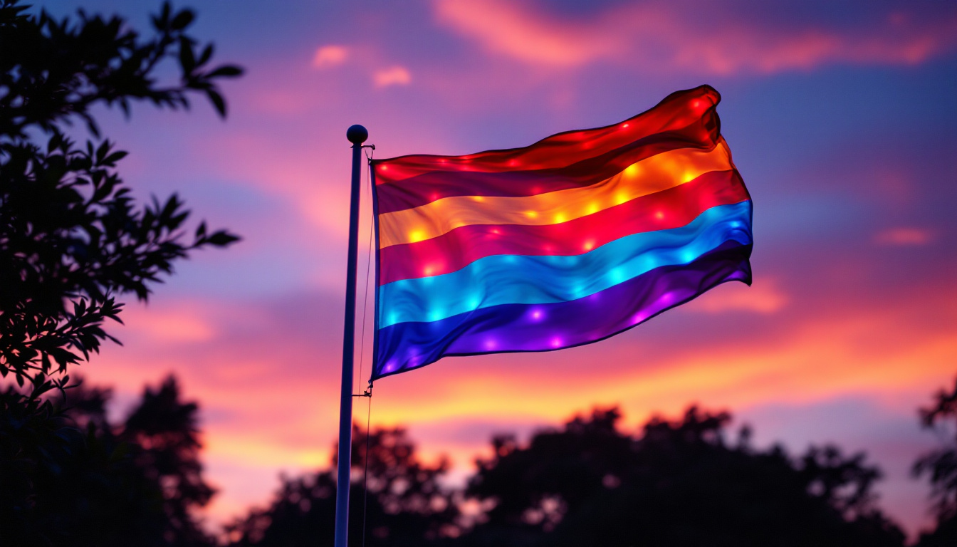 A photograph of a vibrant flag illuminated by energy-efficient led lights during dusk