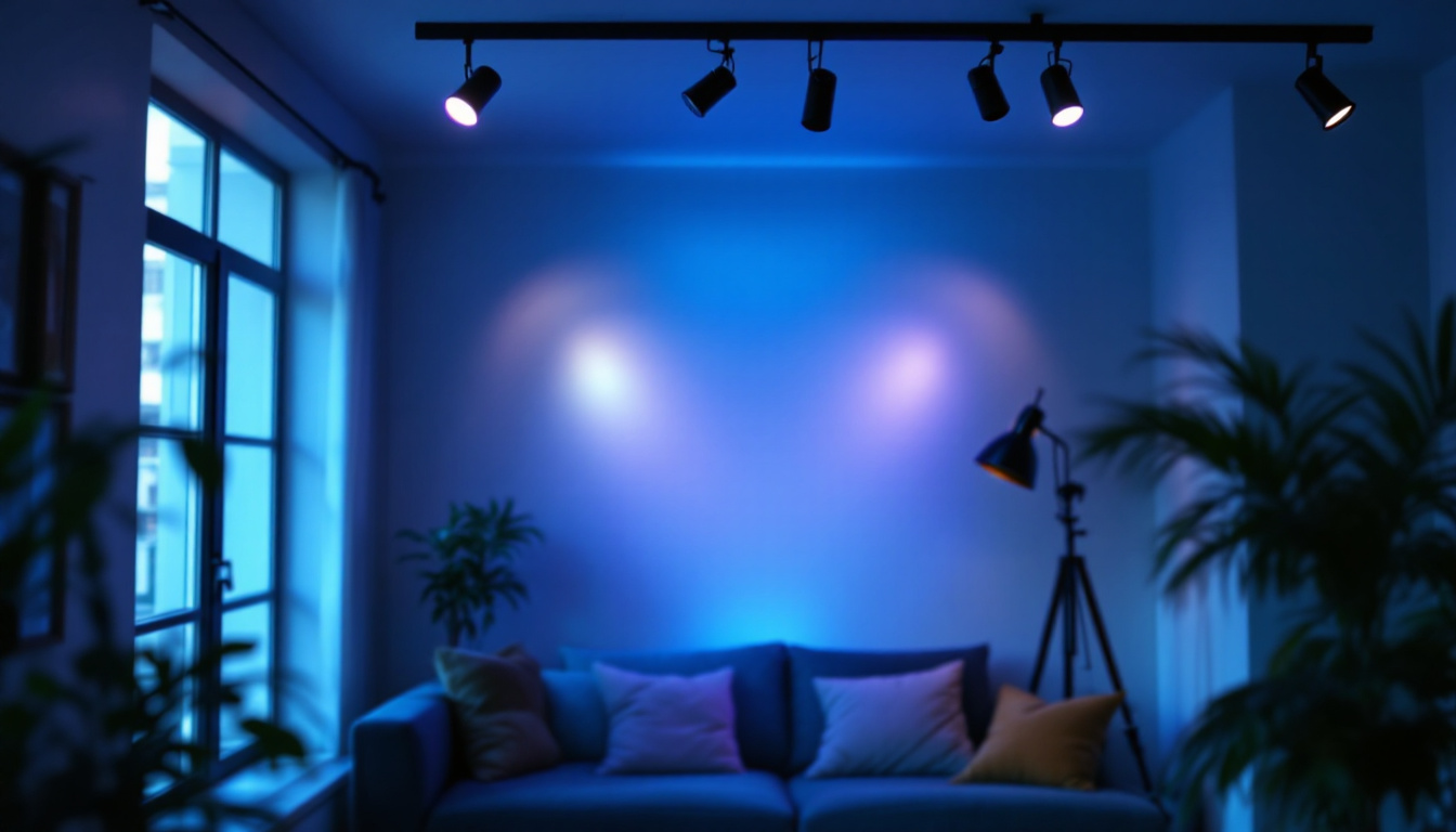 A photograph of a stylishly designed room showcasing various track light fixtures in use