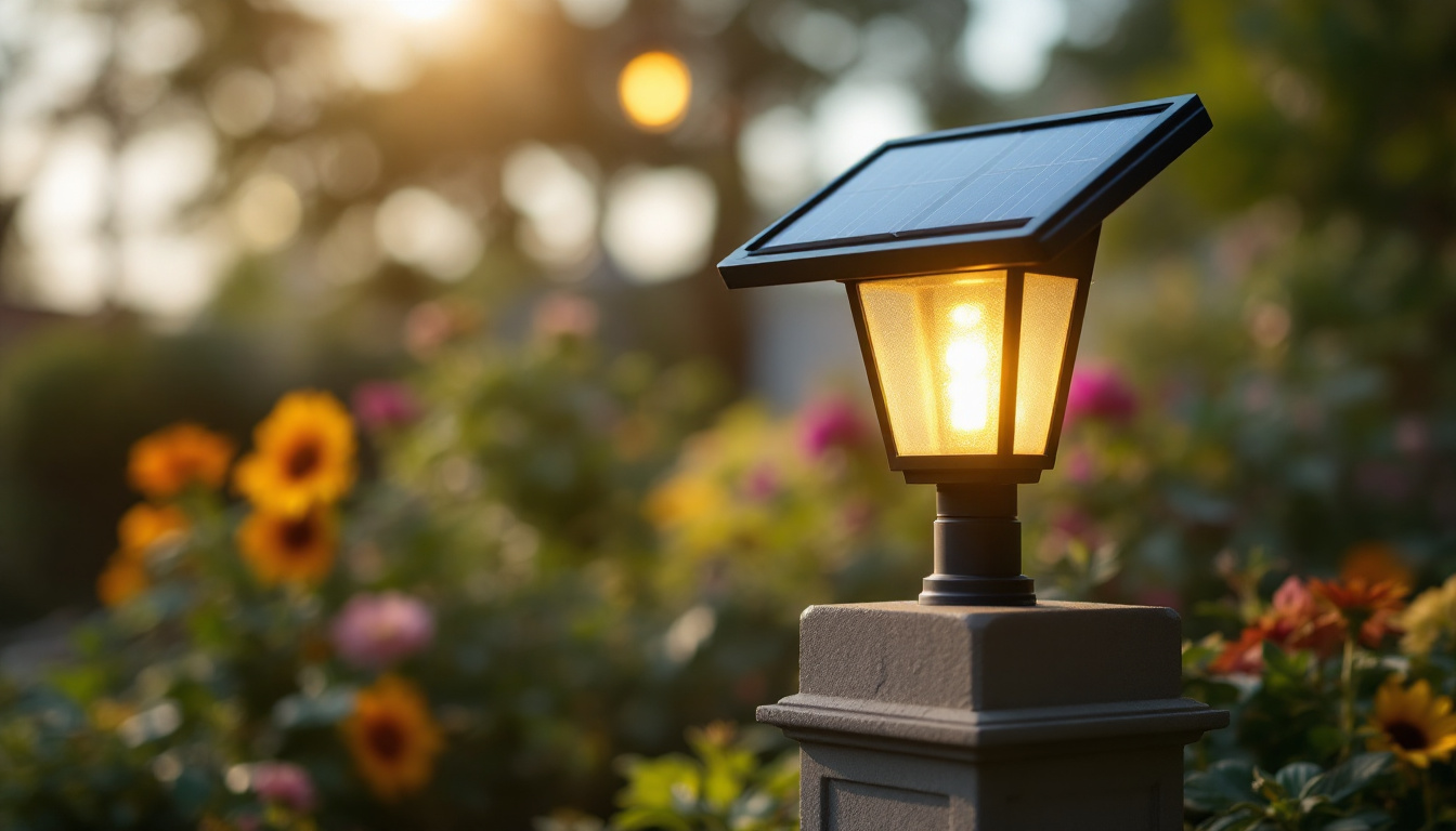 A photograph of a solar lamp mounted on a decorative post in a garden setting