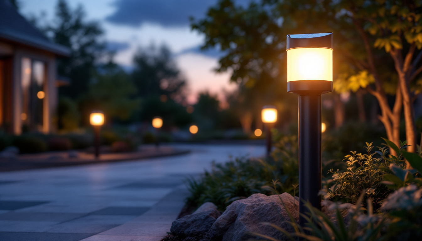 A photograph of a solar bollard light illuminated at dusk in a landscaped outdoor setting