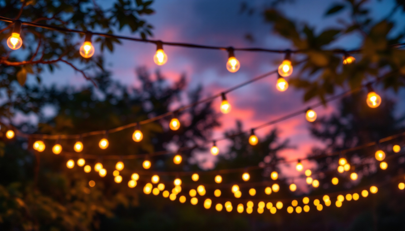 A photograph of a beautifully lit outdoor space adorned with yard string lights