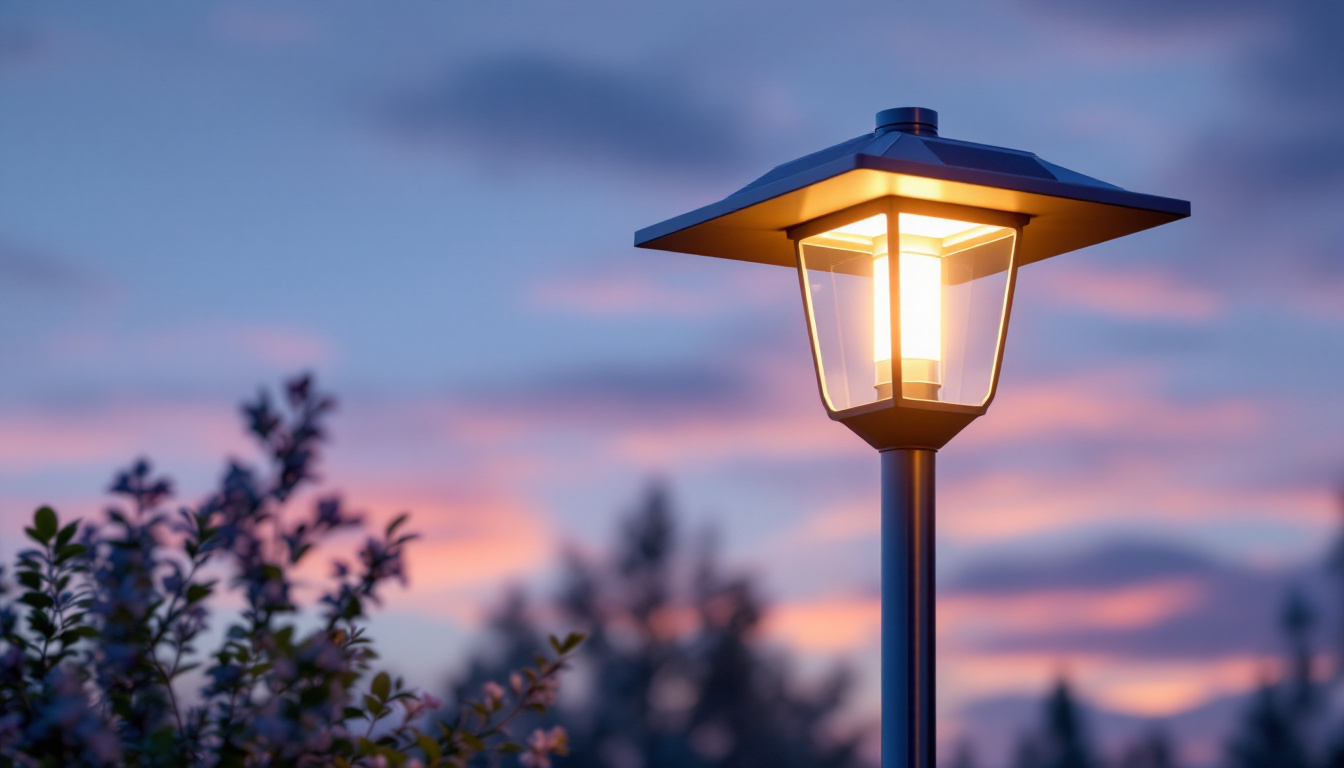 A photograph of a beautifully designed solar lamp post in a serene outdoor setting