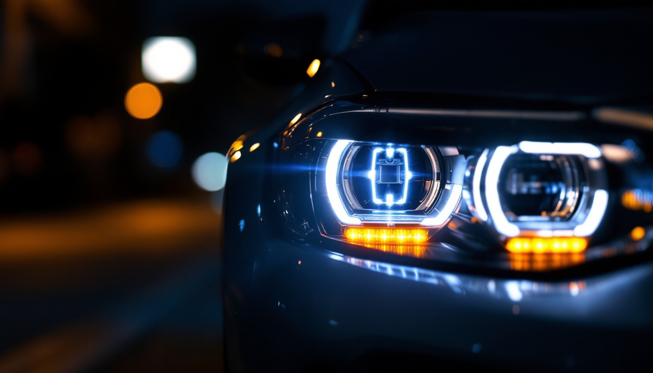 A photograph of a close-up shot of a car's hid headlights illuminated at night