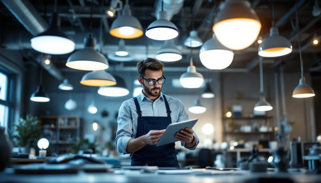 A photograph of a skilled electrical engineer examining a variety of innovative light fixtures in a modern workspace