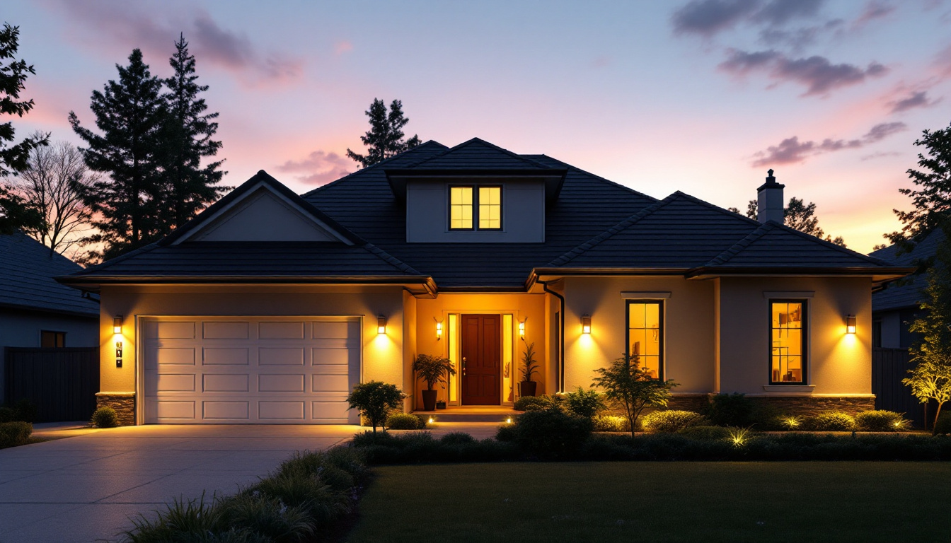A photograph of a well-lit residential exterior showcasing strategically placed security lights