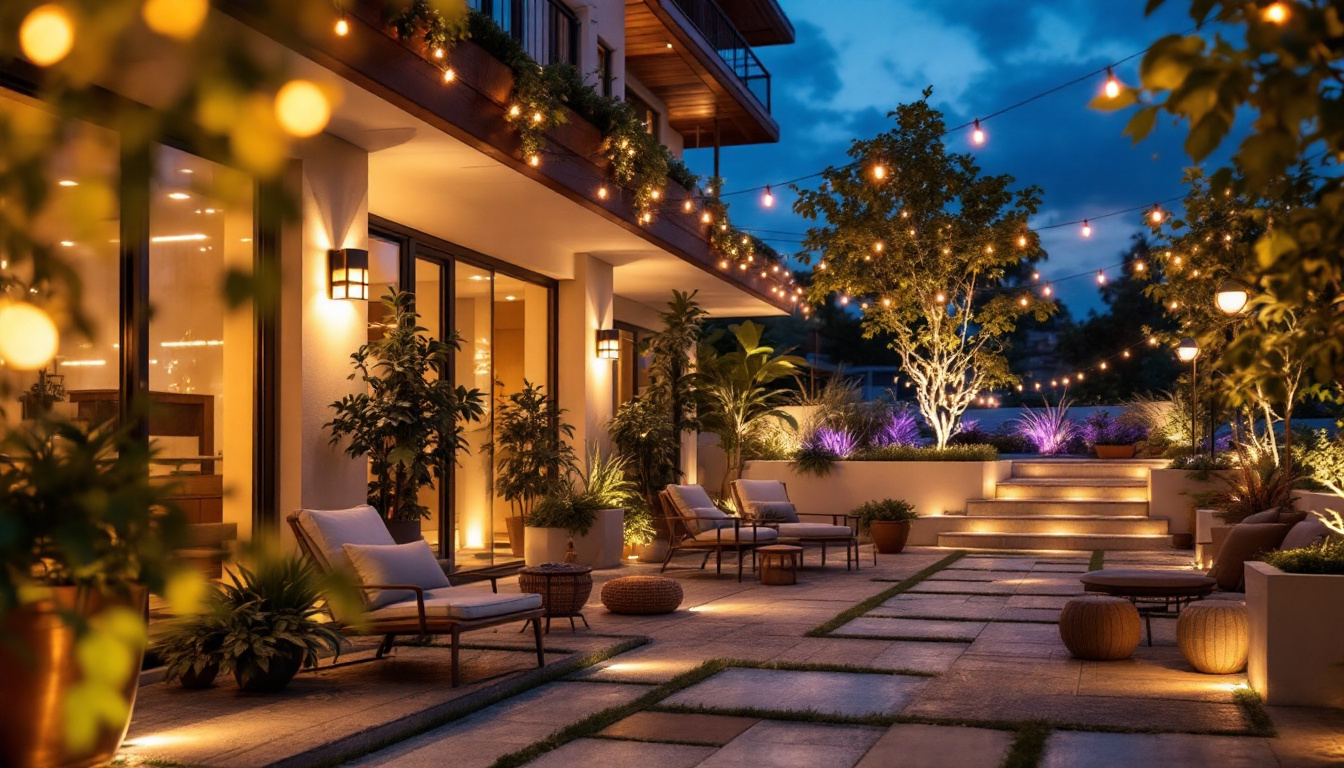 A photograph of a beautifully illuminated outdoor space at dusk