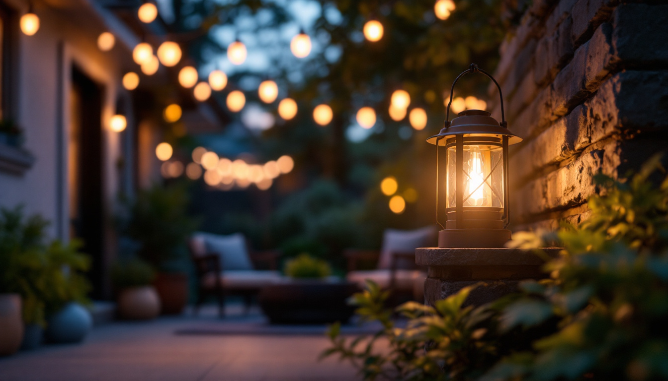 A photograph of a beautifully designed outdoor lantern illuminating a cozy backyard setting at dusk