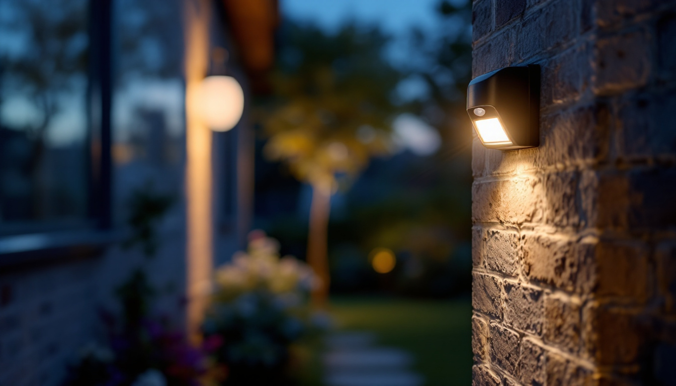 A photograph of a well-lit outdoor scene featuring a motion sensor security light in action