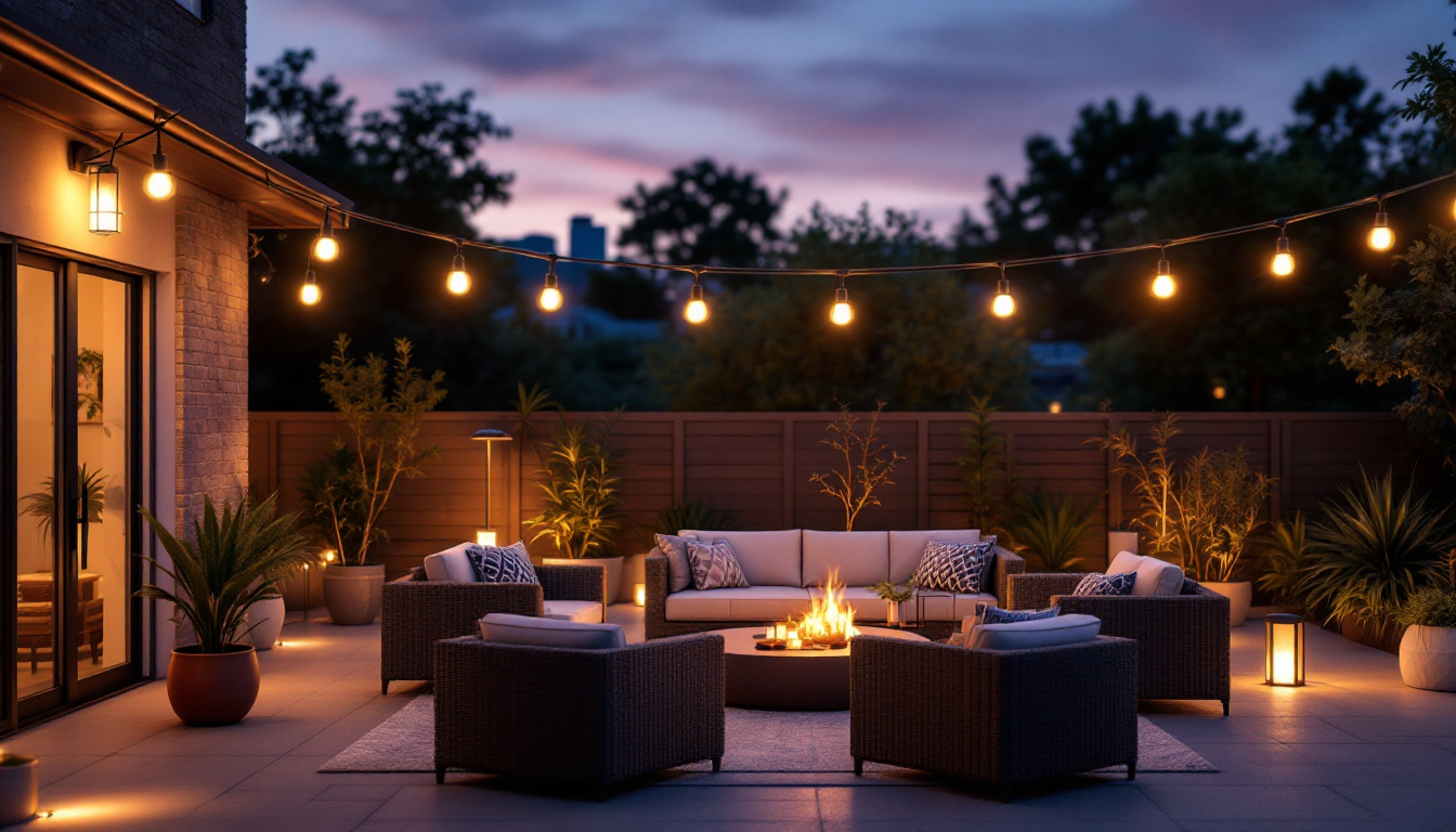 A photograph of a beautifully illuminated outdoor patio setting at dusk
