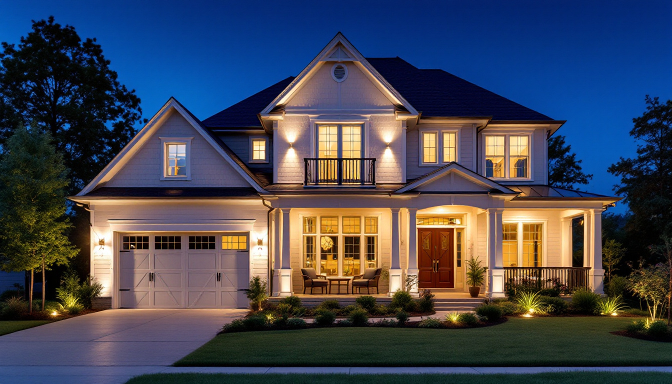 A photograph of a beautifully illuminated house exterior at dusk