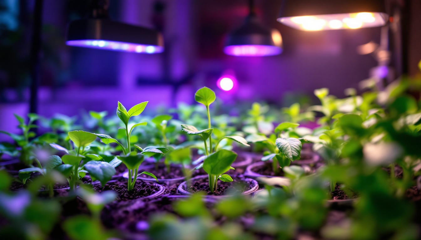 A photograph of a vibrant indoor gardening setup featuring healthy seedlings illuminated by specialized grow lights