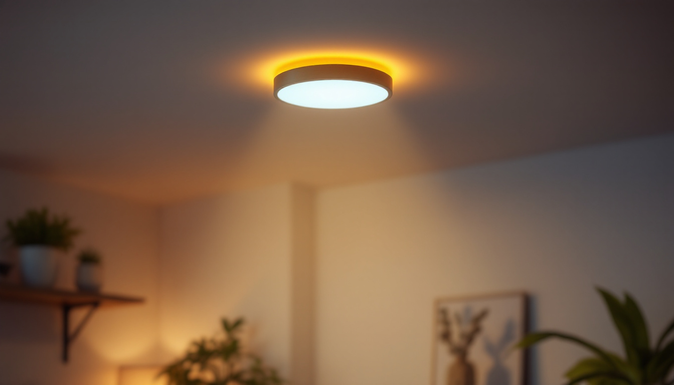 A photograph of a stylish indoor setting featuring a motion sensor ceiling light in action