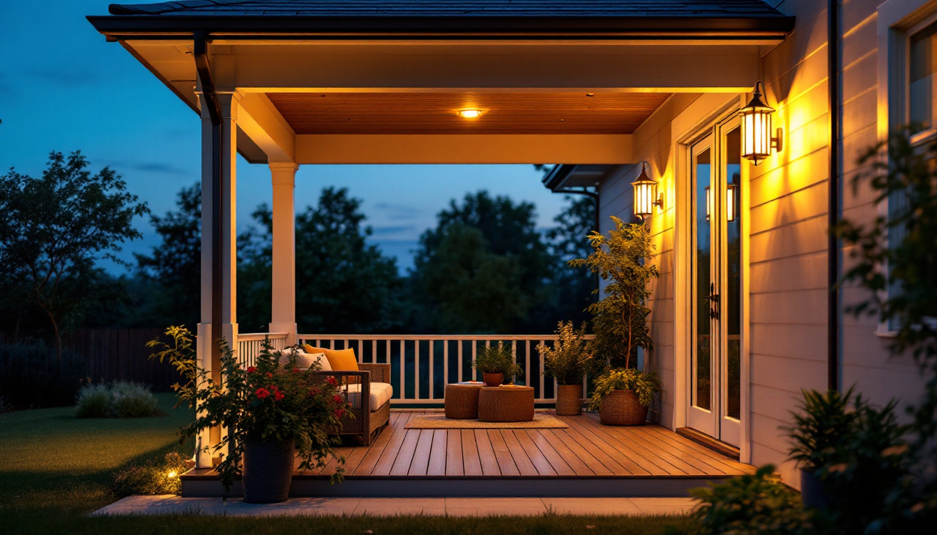 A photograph of a beautifully lit outdoor porch at dusk