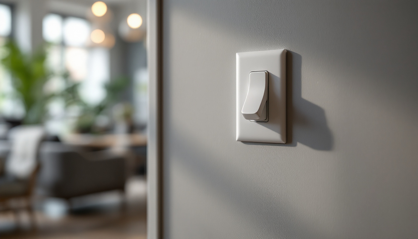 A photograph of a close-up shot of a stylish outlet switch combo installed in a modern home setting