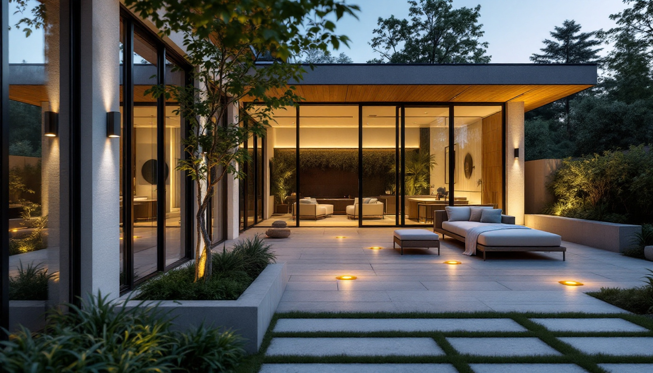 A photograph of a beautifully designed outdoor space featuring recessed lighting in action