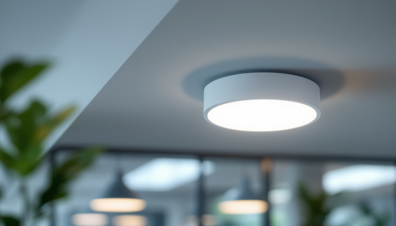 A photograph of a modern ceiling occupancy sensor installed in an office or commercial space