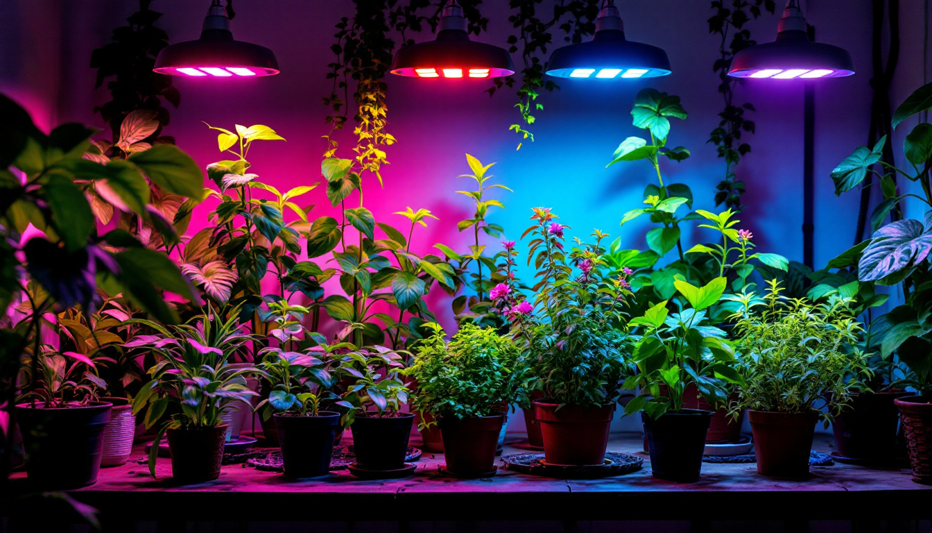 A photograph of a well-lit indoor garden setup featuring various plants under vibrant led grow lamps