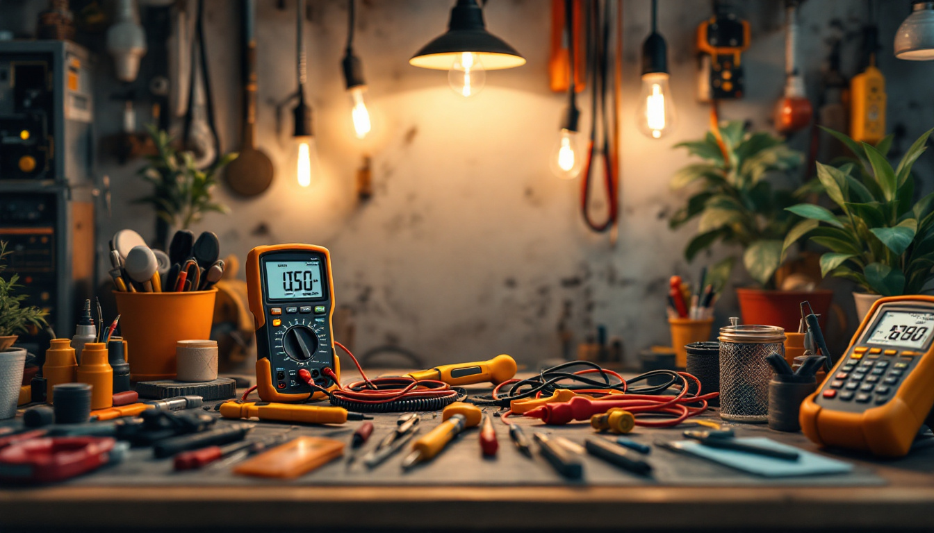 A photograph of a well-organized workspace featuring essential electrical tools such as multimeters