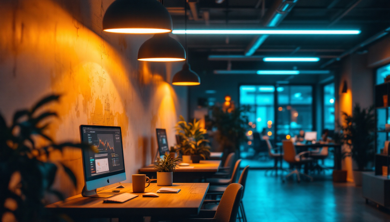 A photograph of a modern workspace illuminated by t8 led light fixtures