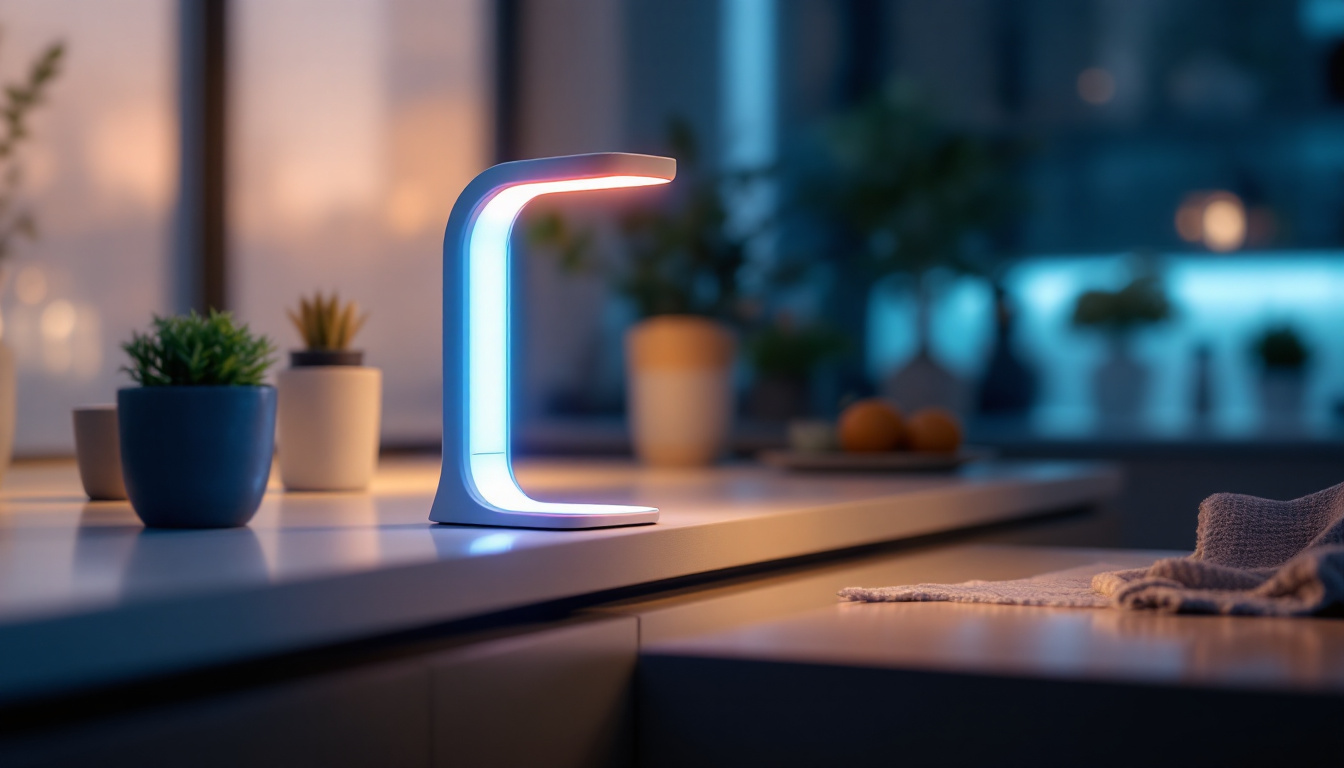 A photograph of a modern uvc lamp sanitizer in a sleek