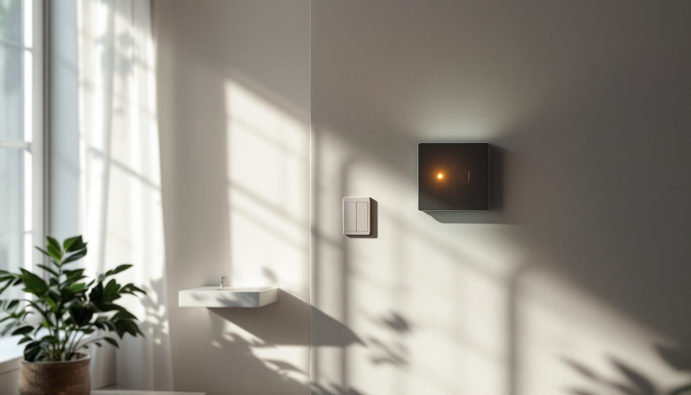 A photograph of a well-lit room showcasing various sensor light switches in action