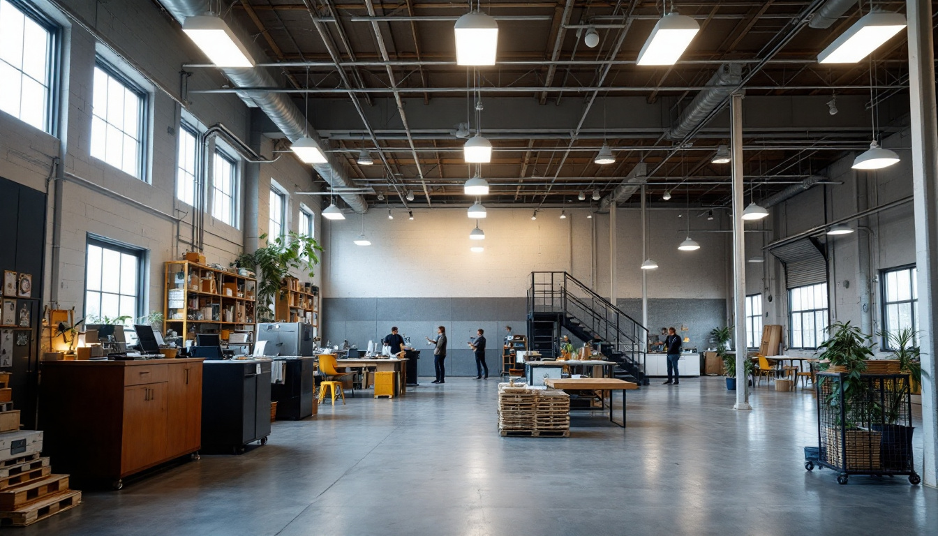 A photograph of capture a photograph of a well-lit industrial or commercial space showcasing atlas lights in action