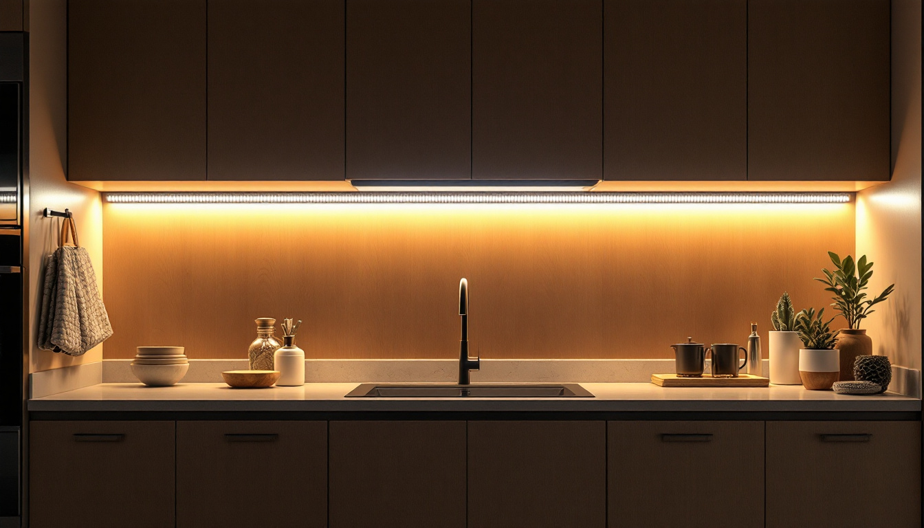 A photograph of a modern kitchen featuring led under cabinet light strips illuminating the workspace