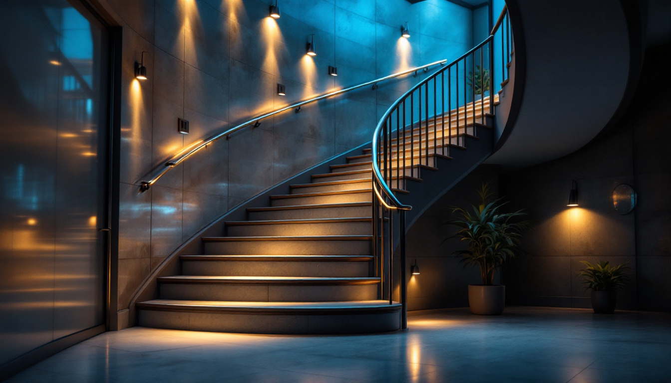 A photograph of a beautifully lit indoor staircase showcasing various lighting options